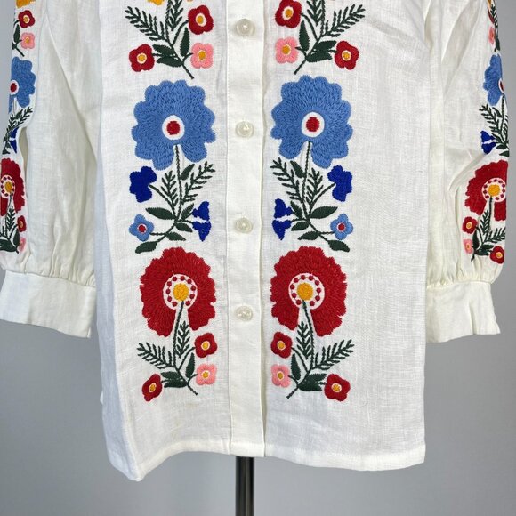 NWOT Boden Embroidered Floral Ivory Long Sleeves White Linen Top Shirt Blouse 12 - Picture 4 of 13